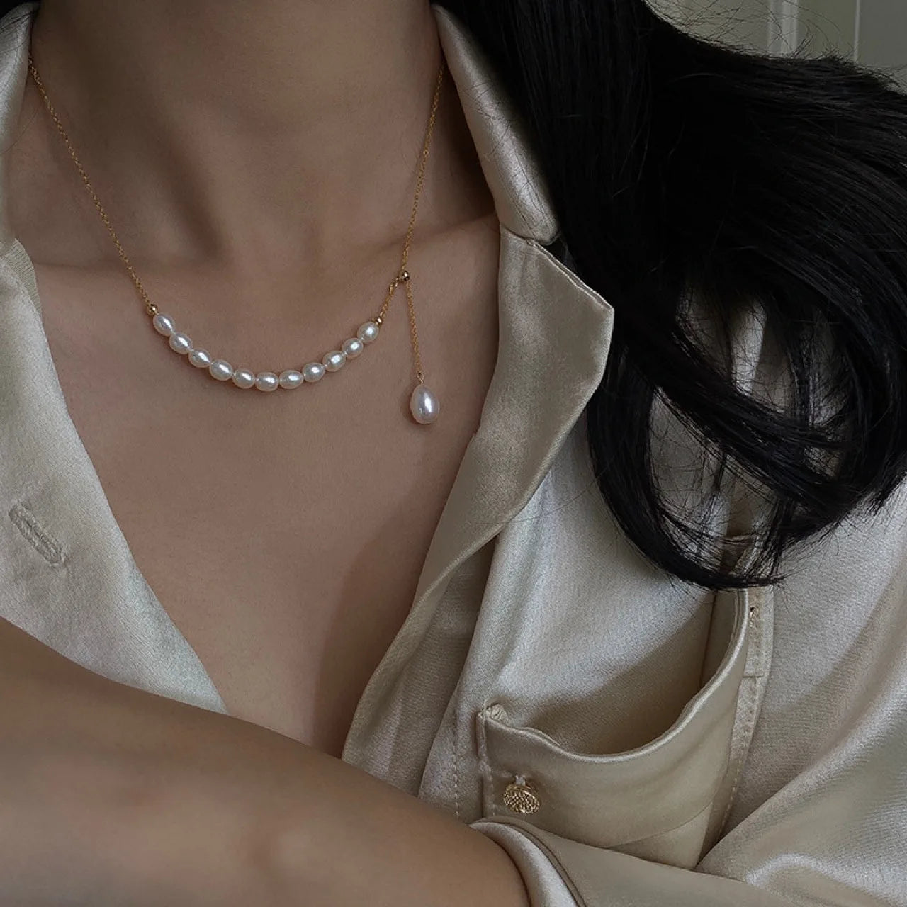 14K Gold Filled  Natural Freshwater Pearl Half Chain  Necklace Women Jewelry Designer T Show Runway Gown  Rare INS Japan Korean