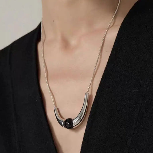 Brass Natural Black Jade U Shape Necklace Women Jewelry Punk Party T Show Gown Runway Korean Japan INS