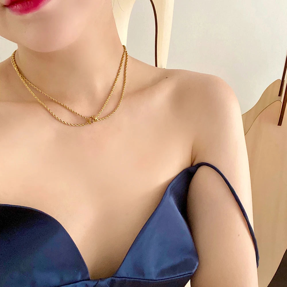 Titanium Layered Twist Knot Choker  Necklace Women Jewelry Punk Designer Runway Rare Gown Boho Japan Korean