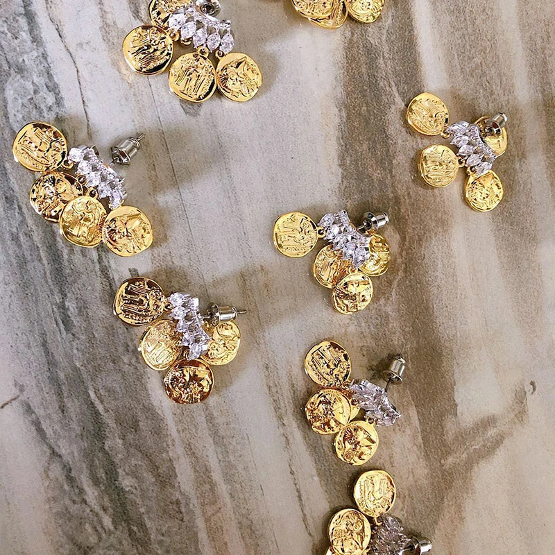 Brass With 18k Gold AAA Zircon Coins Statement Drop Earrings Women Jewelry Party T Show Gown Runway rare Korean Japan Trendy