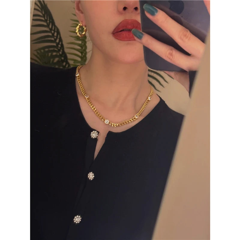 Brass Simply Rhinestoned Cuban Choker Necklace Women Jewelry Designer T Show Runway Gown Rare INS Japan Korean Trendy