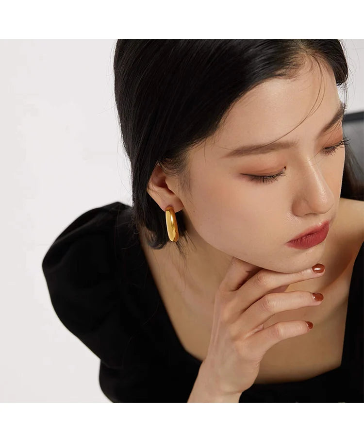Titanium Shiny Geo Hoop Earrings Women Jewelry Punk Hiphop Designer Runway Rare Simply Gown Boho Top Japan Korean
