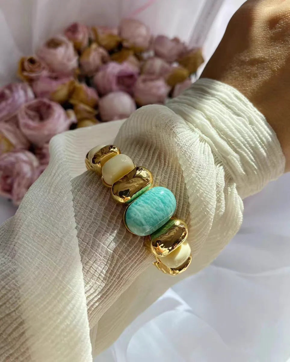 Brass With 18K Statement Chunky Natural Stone Wide Bangle Women Jewelry Designer T Show Runway Gown Rare INS Japan Korean Trendy