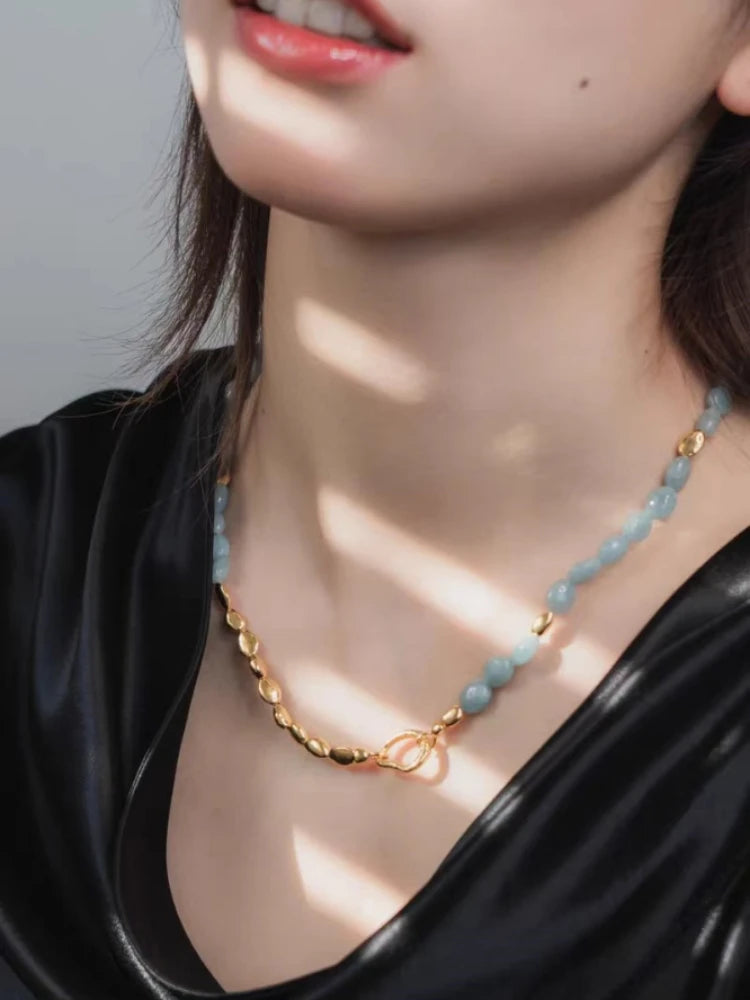 Natural Blue Green Jade Half Beads Choker Necklace Women Jewelry Punk Designer Runway Rare Gown Boho Japan Korean