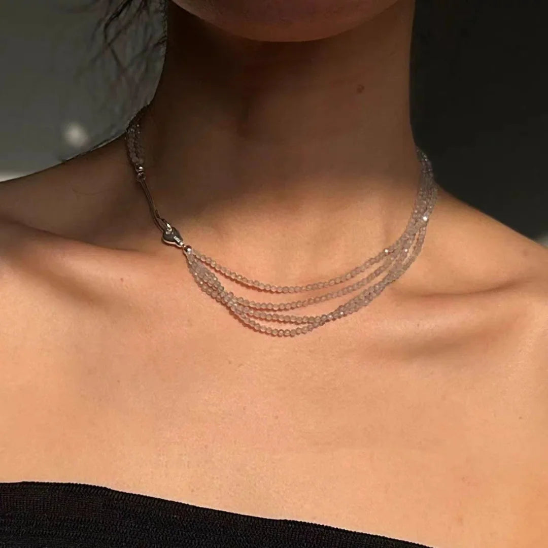 Brass Plated White Gold Layered Glass Beads Necklace Women Jewelry Punk Designer Runway Rare Gown Boho Japan Korean