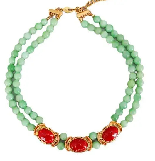 Brass Vintage Natural Green Jade Beads Chain Necklace Women Jewelry Punk Designer Runway Gown Boho Japan Korean