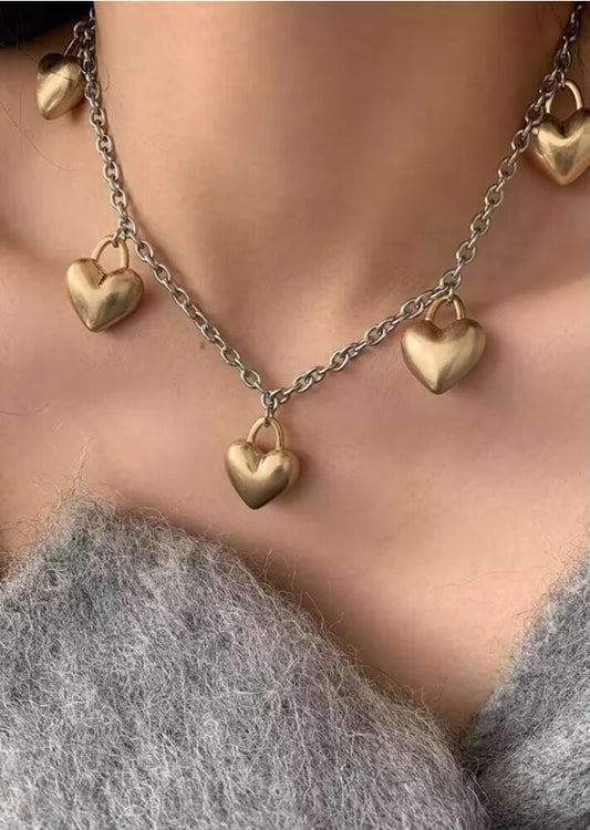 Brass With 18K Retro Multi Heart Pendant  Necklaces Women Jewelry Punk Hiphop Designer Runway OL Gown Boho Top Japan