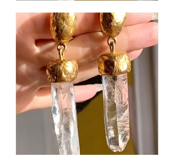 Brass With18k Gold Retro Natural IrregularCrystal Earrings Women Jewelry Party T Show Gown Stuning  Runway rare Trendy INS