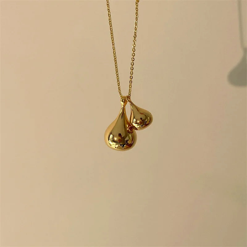Brass Long Chain Double Water Drop Pendant Necklace Women Jewelry Punk Designer Runway Rare Gown Boho Japan Korean