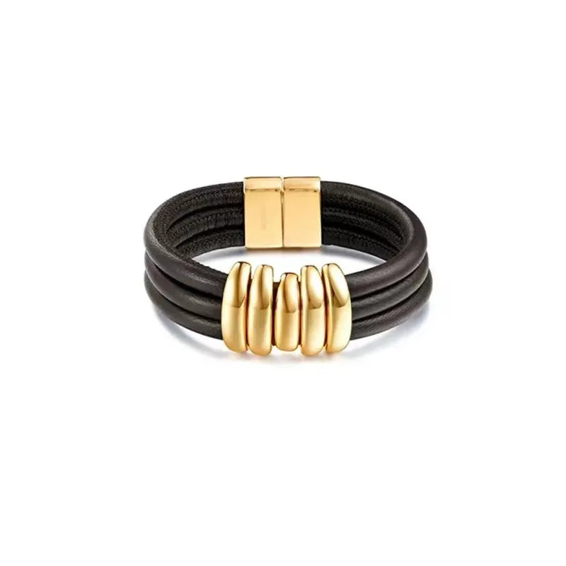 Brass Statement Chunky Leather Choker Bracelet Women Jewelry Designer T Show Runway Gown Rare INS Japan Korean Trendy