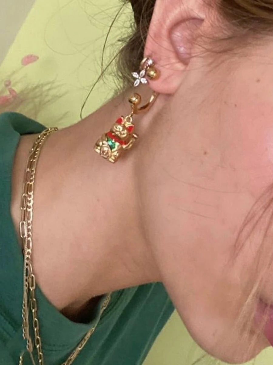 Brass With 18k Gold Adorable Maneki Neko Drop Earrings Women Jewelry Party Boho T Show Gown Runway Rare Korean Japan Stuning