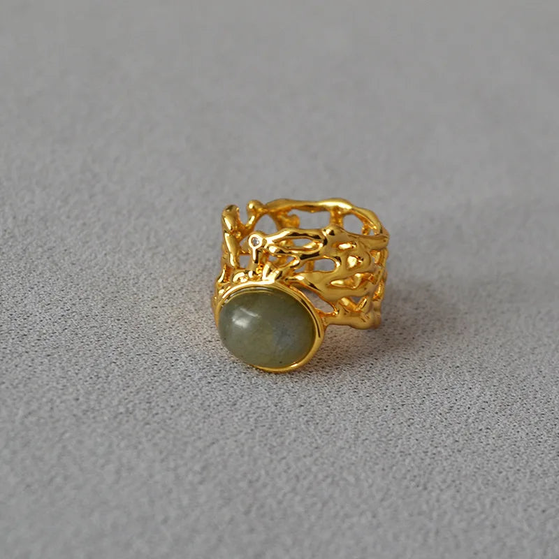 Brass With 18K Natural Stone Stackable Ring Women Jewelry Punk Style Designer Club Cocktail Party Gown Trendy Boho Korean Japan