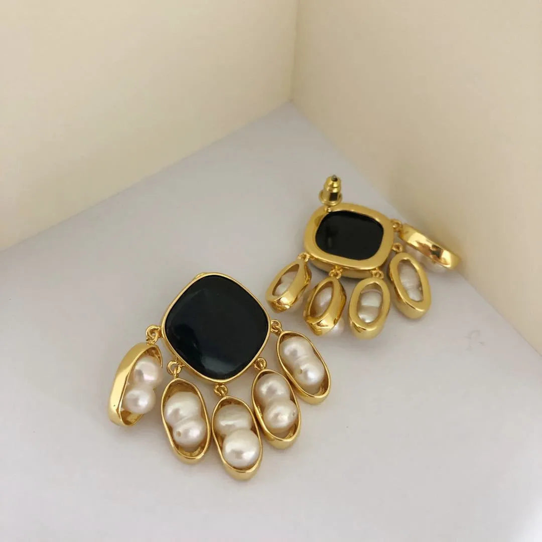 Brass With 18K Gold Black Stone Real Pearl Earrings Women Jewelry Punk Party Gown Runway Rare Korean Japan Boho Hiphop