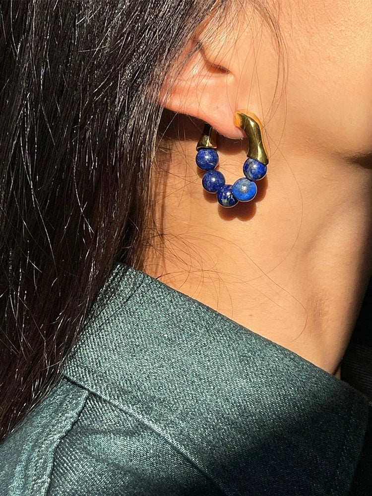 Brass With 18K Real Gold Natural Beads Hoop Earrings  Women Jewelry Party Boho T Show Gown Runway Rare Korean Japan INS