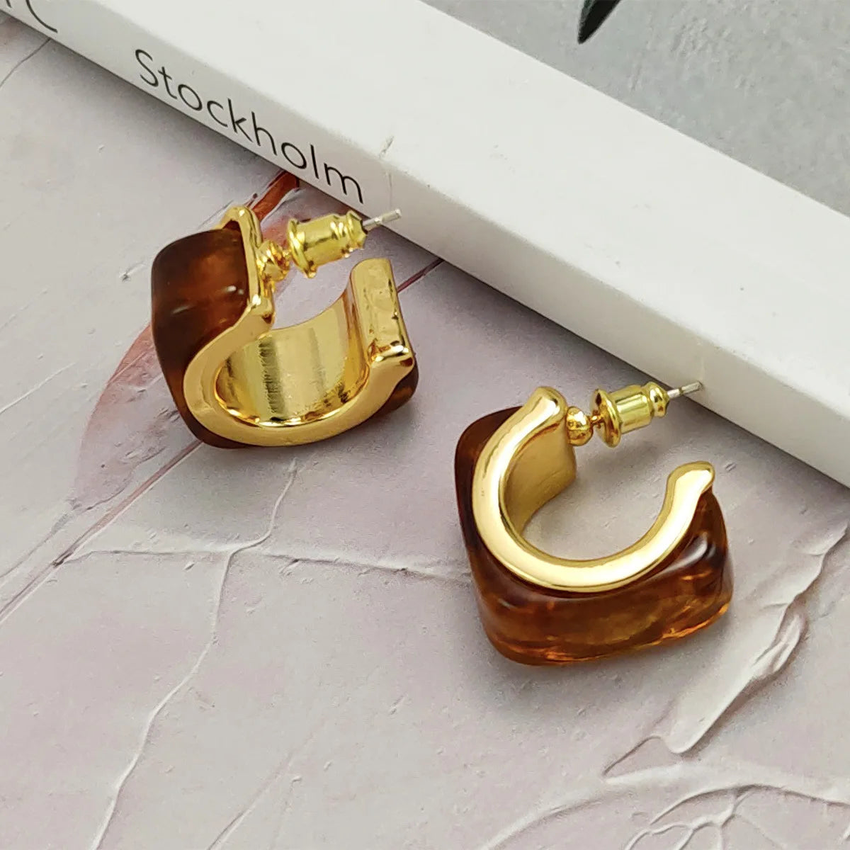 Brass With 18K Gold Square Brown Resin Hoop Earring Women  Jewelry Punk Designer Club Cocktail  Party Boho Japan Korean