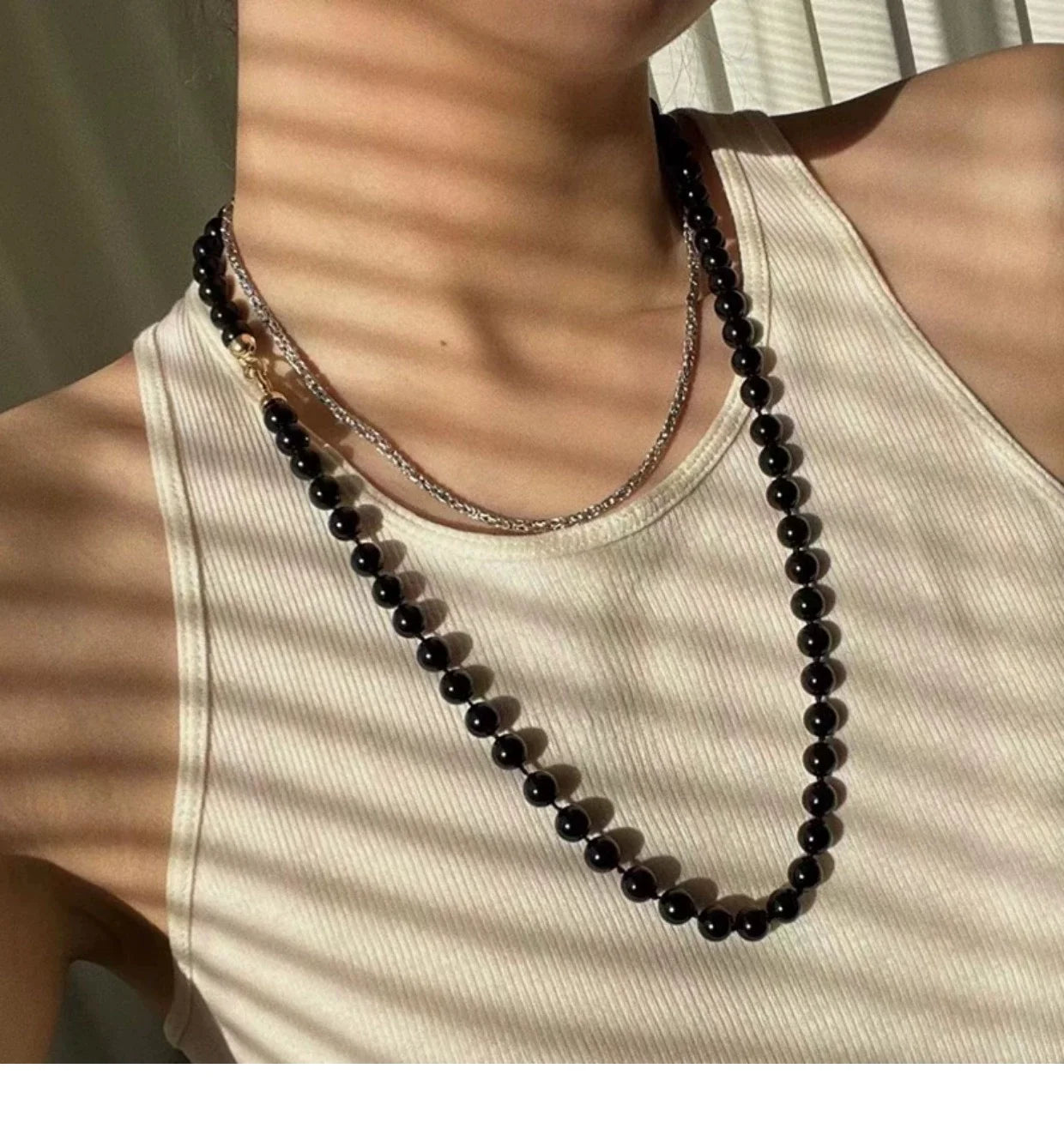 Brass With 18k Gold Natural Black Jade Beads Necklace Women Jewelry Punk Designer Runway Rare Gown Boho Japan Korean