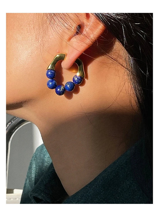 Brass With 18K Real Gold Natural Beads Hoop Earrings  Women Jewelry Party Boho T Show Gown Runway Rare Korean Japan INS