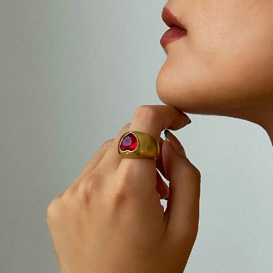 Brass With 18 K Gold Retro Heart Solid Ring Women Jewlery Stuning Designer T Show Club Cocktail Party Rare Japan Korean