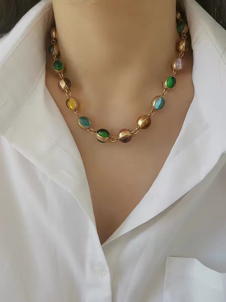 Brass With 18K Colorful Glass Beads Choker Necklace Women  Jewelry Designer T Show Runway Gown  Rare Glam Japan Ins Glam Boho