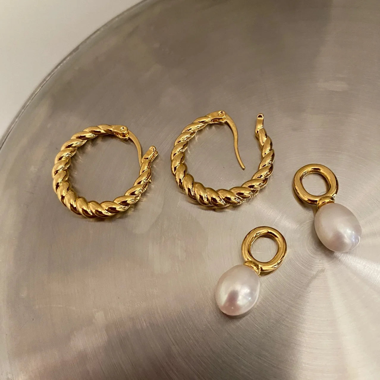 Brass Vintage Real Natural Pearl Twist  Hoop Earrings Women Jewelry Party Boho T Show Gown Runway Rare Korean Japan Trendy
