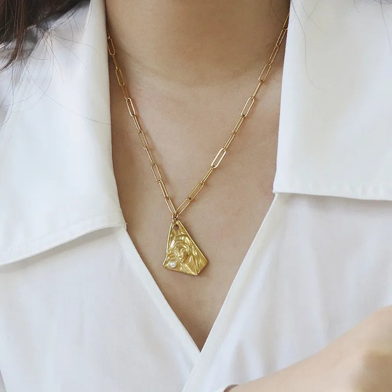 Titanium With 18K Gold  Vintage Pearl Charm Necklace Women Stainless Steel Jewelry Designer T Show Party Runway Boho Japan Korea