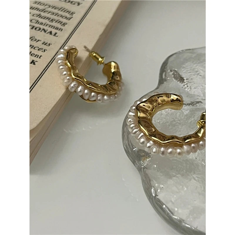 Brass With 18K Gold CC Real Natural Pearl Earrings Women Jewelry Party Boho T Show Gown Runway Party Rare Korean Japan Trendy