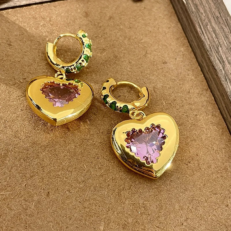 Brass Green Stone Pink Heart Earrings Women Jewelry Punk Party T Show Gown Runway Korean Japan INS