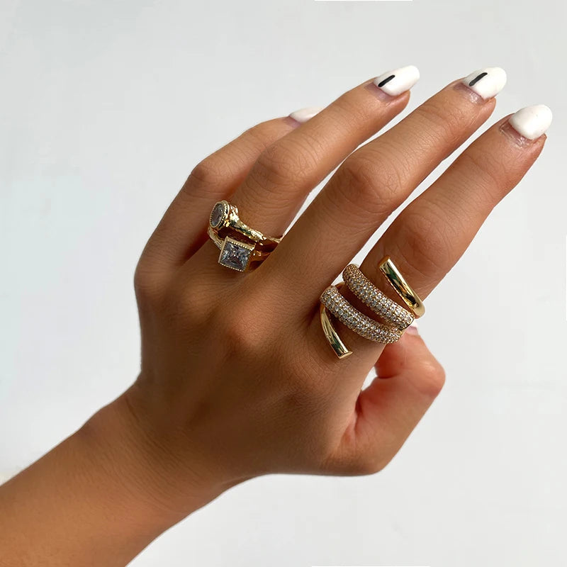 Brass Stunning  AAA Zircon WAVE  Ring Women Jewelry Designer T Show Club Cocktail Party Rare Hiphop Japan Korean