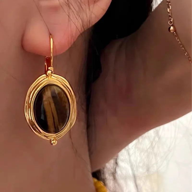 Brass With 18K Natural Tiger Eye Stone  Earrings Punk Party Gown Runway Boucle d'oreille Korean Japan Style Fashion