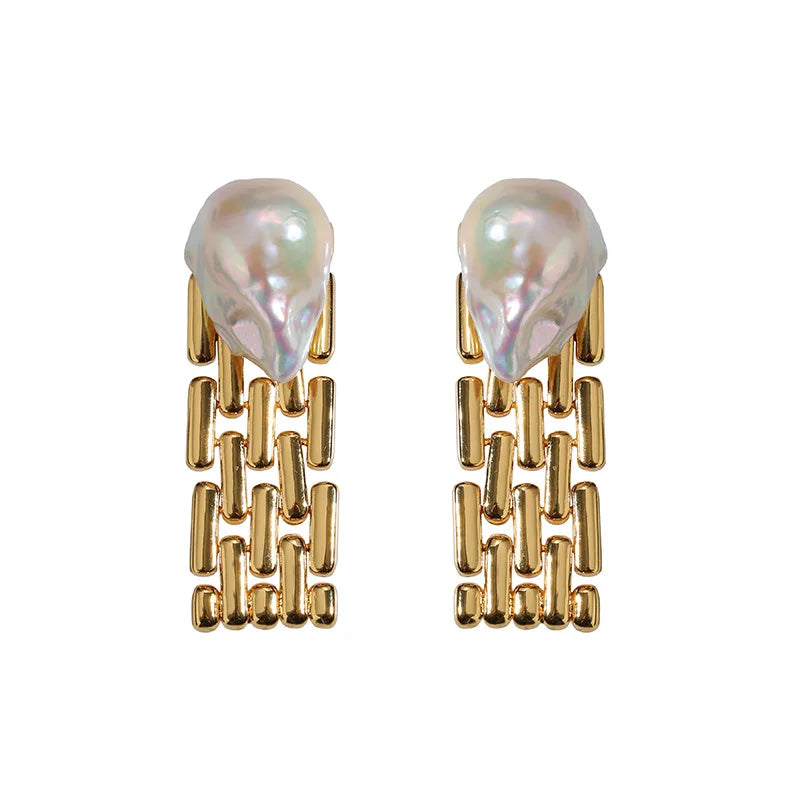 Brass Retro Real Baroque Pearl Watch Band Earrings Women Jewelry Punk Party T Show  Gown Runway  Korean Japan  Style