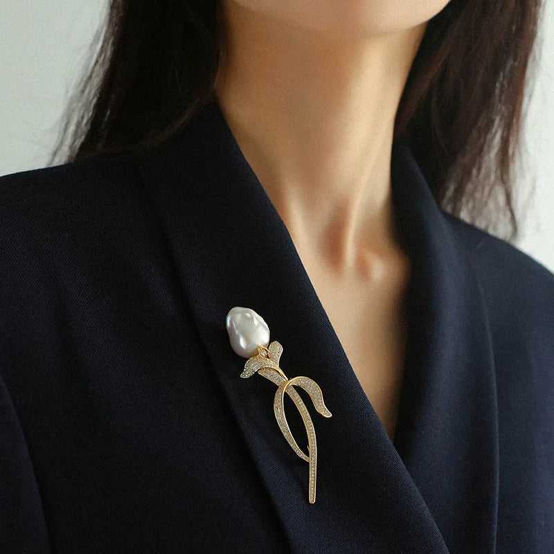 Brass With 18K AAA Zircon Real Baroque Pearl Brooches Women Jewelry Punk Party T Show Gown Runway Trendy  Korean Japan Israel