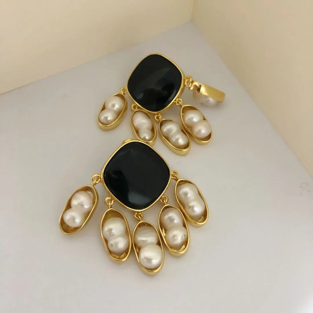 Brass With 18K Gold Black Stone Real Pearl Earrings Women Jewelry Punk Party Gown Runway Rare Korean Japan Boho Hiphop
