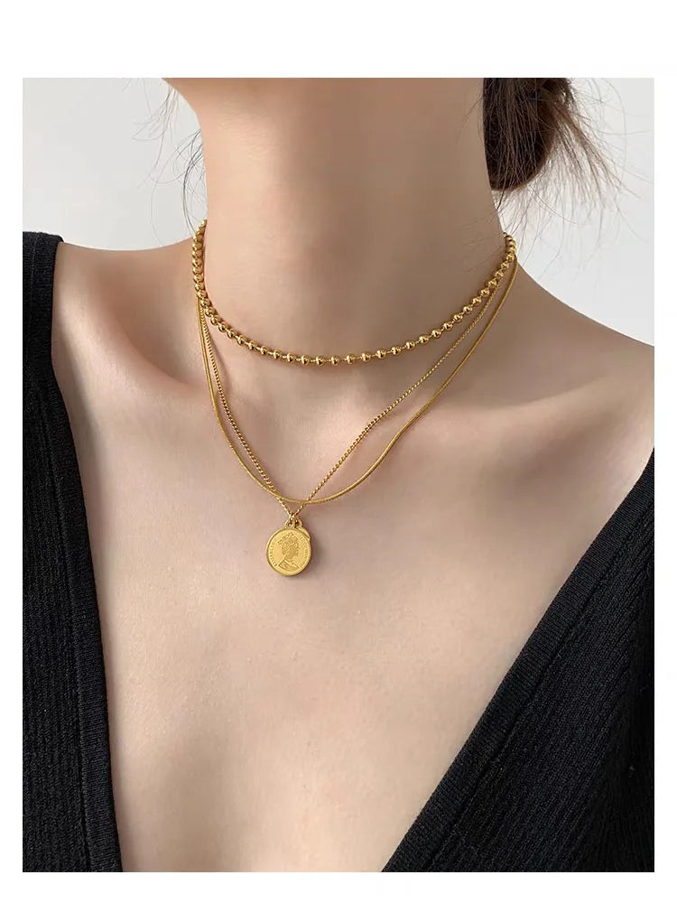 Titanium With 18K Gold Retro Beads Chain Layered Necklace Women Stainess Steel Jewelry Party Designer T Show Runway Gown Japan