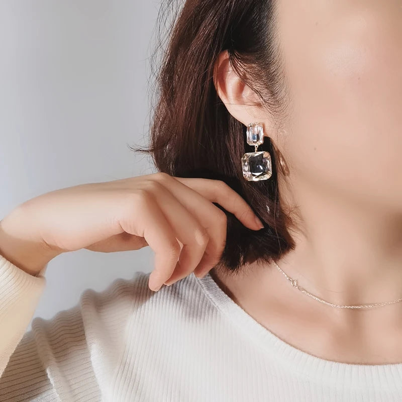 Brass With 18K Geo Clear Stone Statement Earrings Women Jewelry Punk Designer Runway Rare Simply Gown Boho Japan Korean
