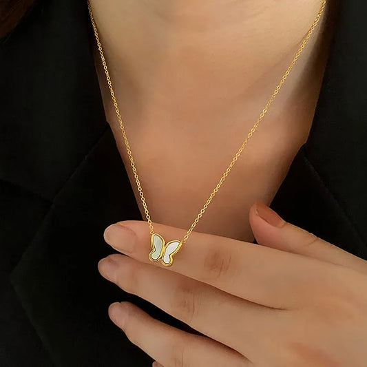 Titanium With 18K Gold Natural Shell Butterfly Necklaces  Women 361L Stainless Steel Jewelry Runway Party Japan Korea Fashion