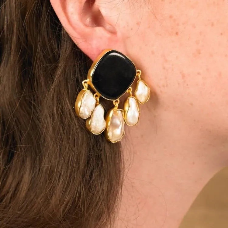 Brass With 18K Gold Black Stone Real Pearl Earrings Women Jewelry Punk Party Gown Runway Rare Korean Japan Boho Hiphop
