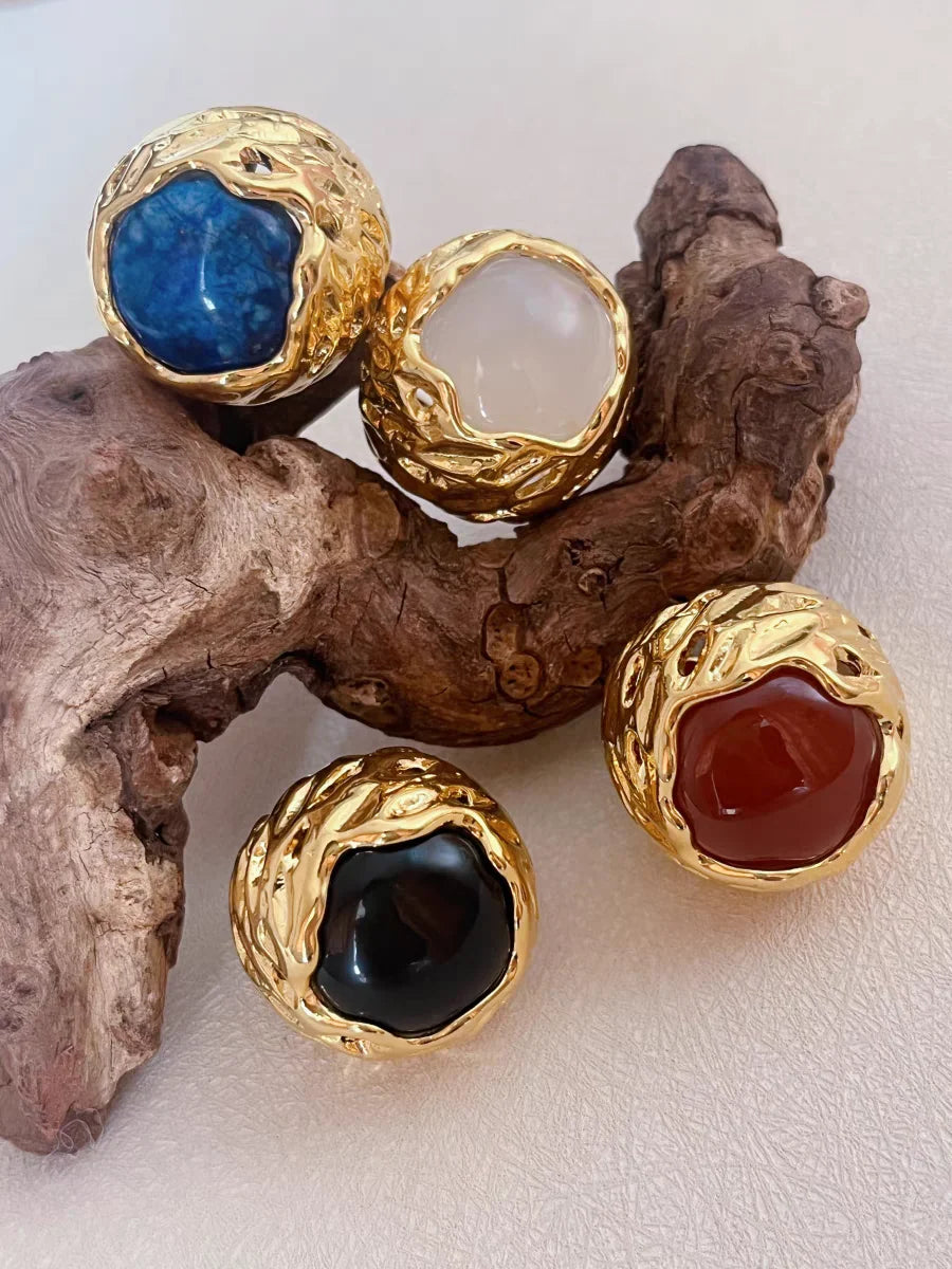 Brass Solid Natural Stone Colorful Ring Women Jewelry Punk Party Designer Club Cocktail  Party Gown Trendy Top Japan