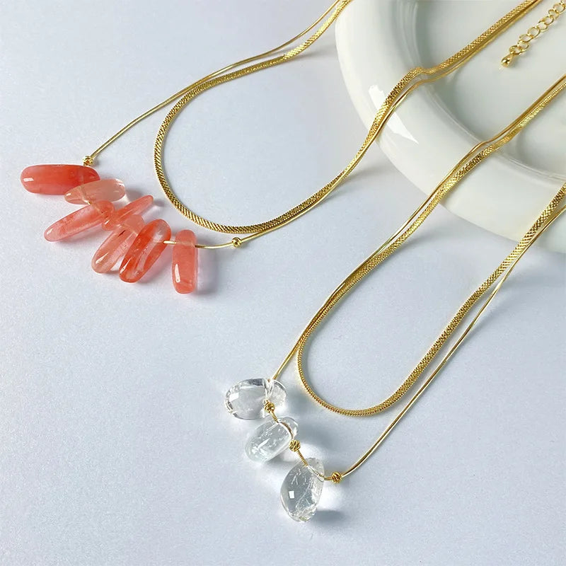 Brass With 18K Layered Snake Chian Crystal Clear Beads Necklace Women  Jewelry Designer T Show Runway Gown  Rare Glam Japan Ins