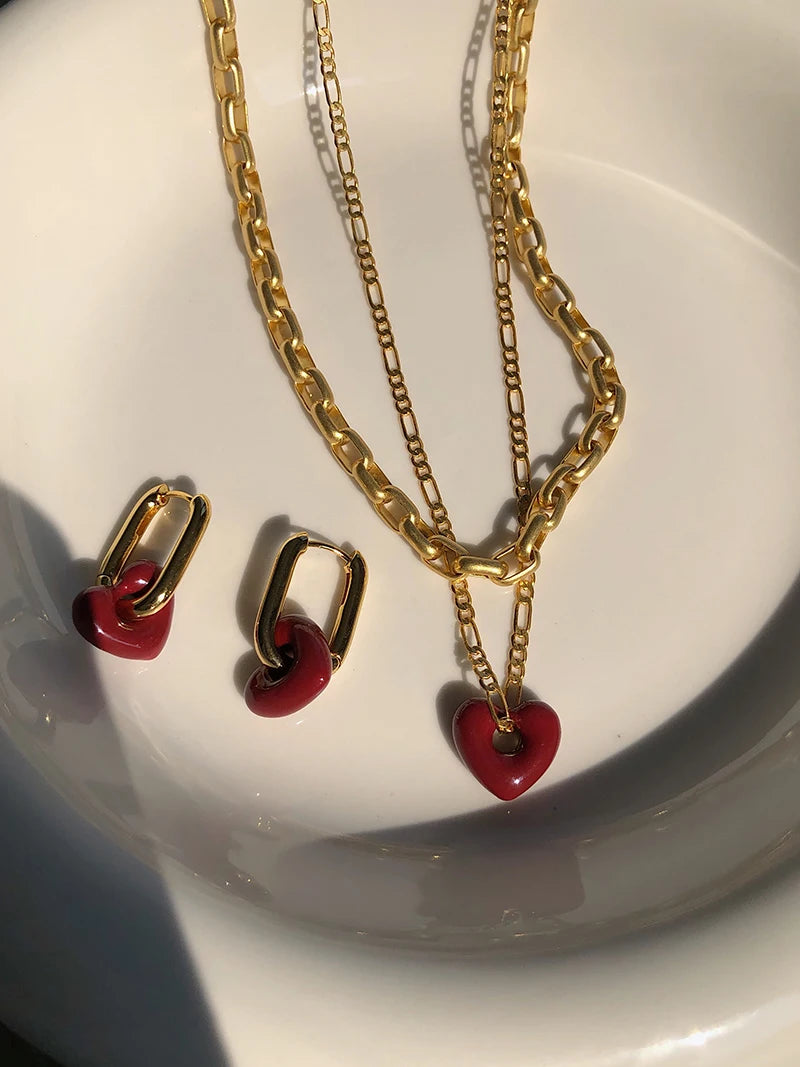 Brass Plated 18K Gold Geo Chained Heart Necklaces Women  Jewelry Punk Party T Show Designer Club Ins Rare Japan Korean Trendy