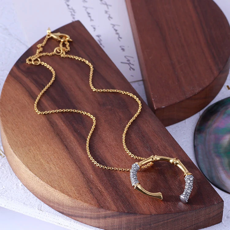Brass With 18K Gold AAA Zircon Bamboo Pendant Necklace Women Jewelry Punk Designer Runway Rare Gown Boho Japan Korean