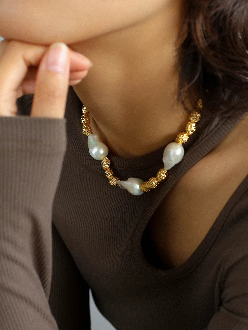 Brass With 18K Natural Baroque Pearl Beads Choker Necklace Punk Party Gown Runway rare Boucle d'oreille Korean Japan Style
