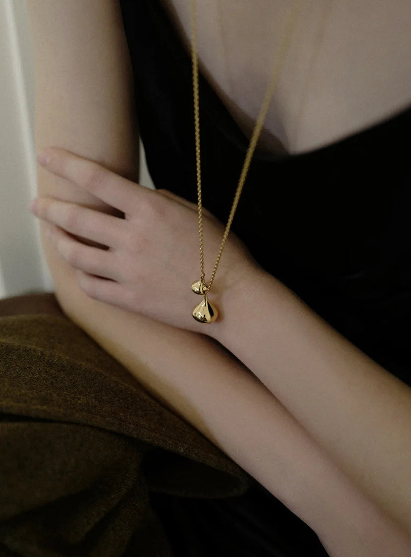 Brass Long Chain Double Water Drop Pendant Necklace Women Jewelry Punk Designer Runway Rare Gown Boho Japan Korean