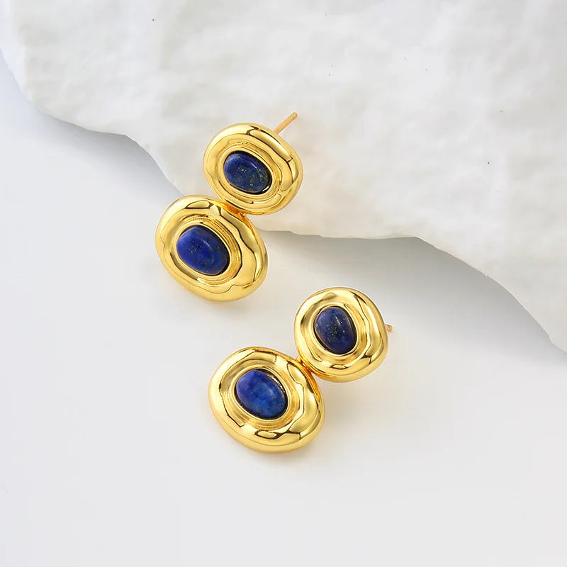 Brass With 18K Natural Stone Lazuri Drop Earrings Punk Party Gown Runway rare Boucle d'oreille Korean Japan Style Fashion