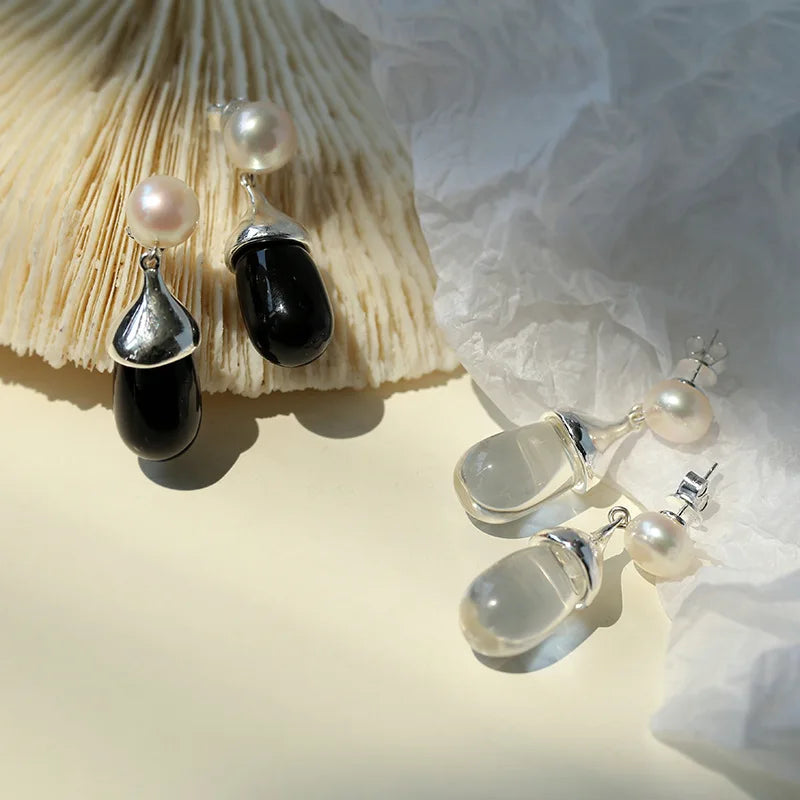 Brass Natural Pearl Black Jade Drop Earrings Women Jewelry Punk Party T Show Gown Runway Korean Japan INS