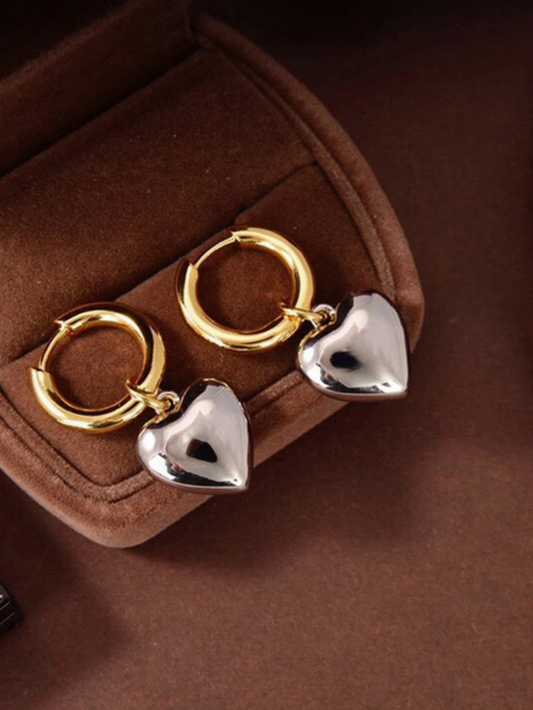 Brass With 18K Gold Double Color Heart Statement Earrings Women Jewelry Punk Party Gown Runway Rare  Korean Japan Boho Hiphop
