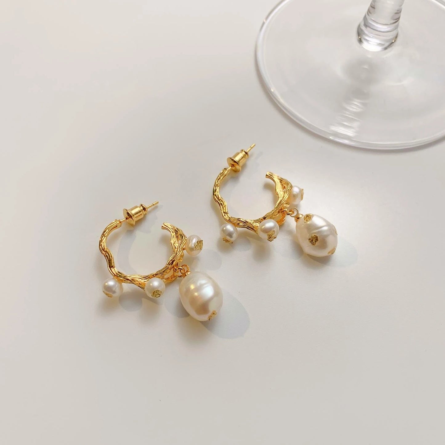 Brass With 18k Gold Real Baroque Pearl Hoop Earrings Women Jewelry Party Boho T Show Gown Runway  Party Rare Korean Japan Trendy