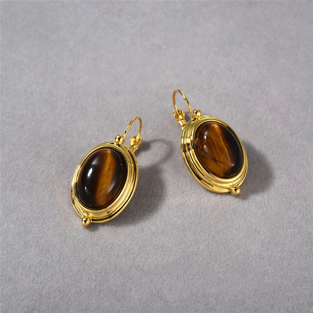 Brass With 18K Natural Tiger Eye Stone  Earrings Punk Party Gown Runway Boucle d'oreille Korean Japan Style Fashion