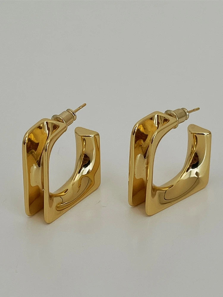 Brass With 18k Gold Hammered Square Hoops Ear Earrings Women Jewelry Party Boho T Show Gown Runway Rare Korean Japan Trendy INS
