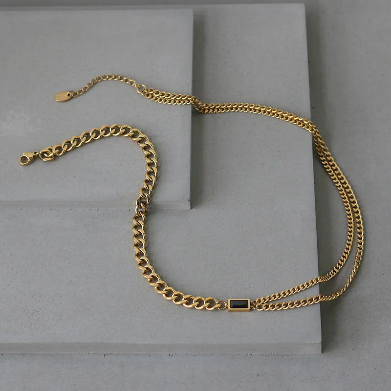Titanium With 18 K Gold Black Zircon Double Chian  Necklace Women Stainless Steel Jewelry Chic Gown Sweet Boho OL S Japan Korean