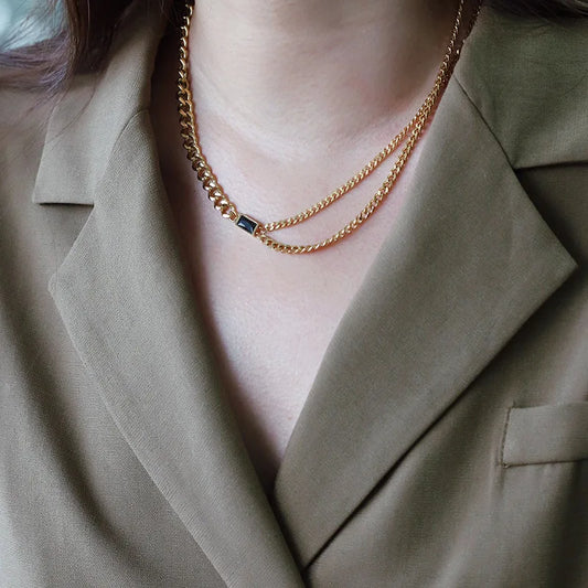 Titanium With 18 K Gold Black Zircon Double Chian  Necklace Women Stainless Steel Jewelry Chic Gown Sweet Boho OL S Japan Korean